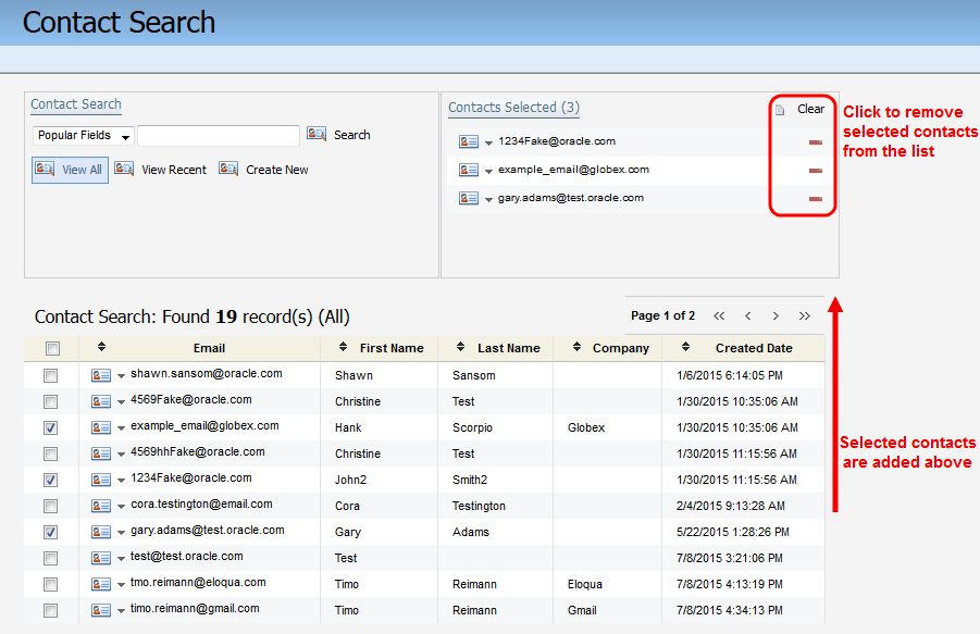 An image of the Contact Search window. The Clear buttons are highlighted by a red box with a message that reads 'click to remove selected contacts from the list.' There is also a red arrow pointing from the Contact Search results towards the Contacts Selected area with a message that reads 'selected contacts are added above.'