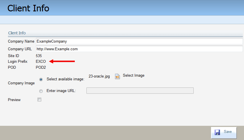 An image of the Client Info window. A red arrow is pointing at the Login Prefix.