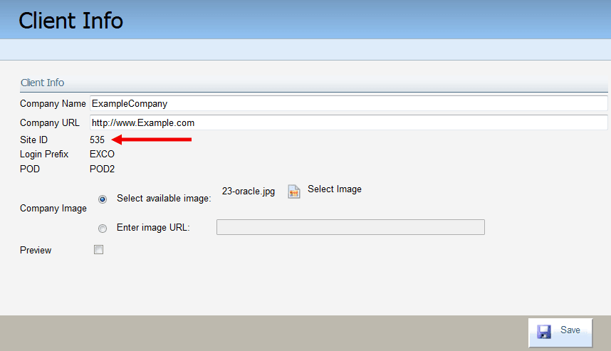An image of the Client Info window. A red arrow is pointing towards the Site ID.