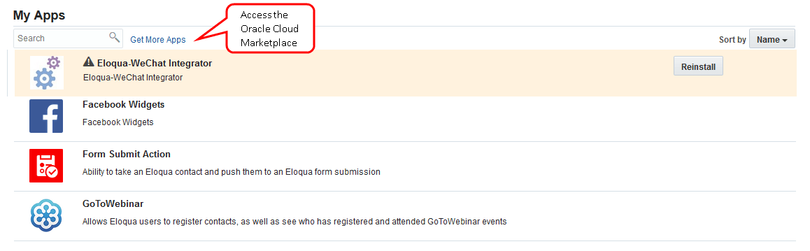 An image of the My Apps page. There is a red speech bubble next to the Get More Apps hyperlink with a message that reads 'Access the Oracle Cloud Marketplace.'