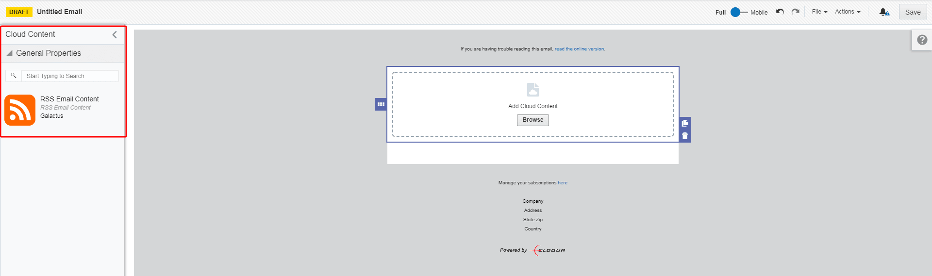 An image of the preloaded RSS app in the Email Design Editor