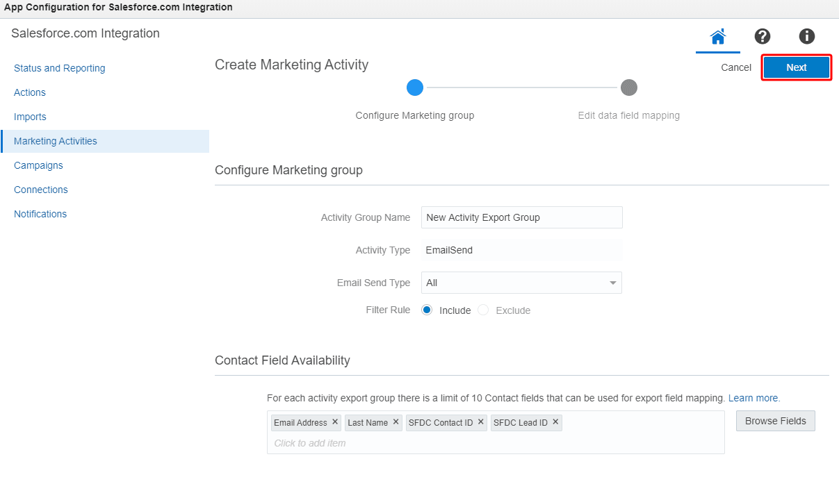 An image of the Marketing Activities' export group's Exports section