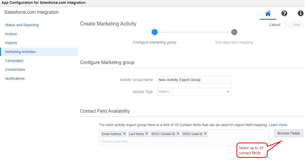 An image of the Marketing Activities' export group's contact field selector