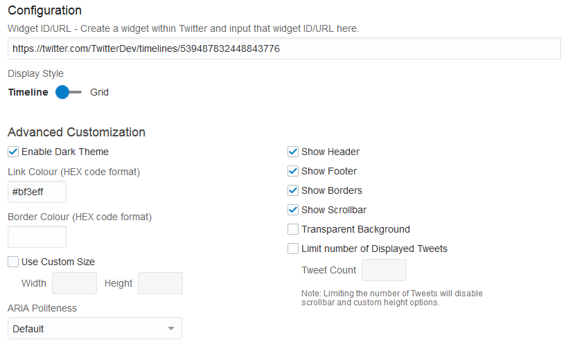 An image of the Twitter Timeline Configuration screen.