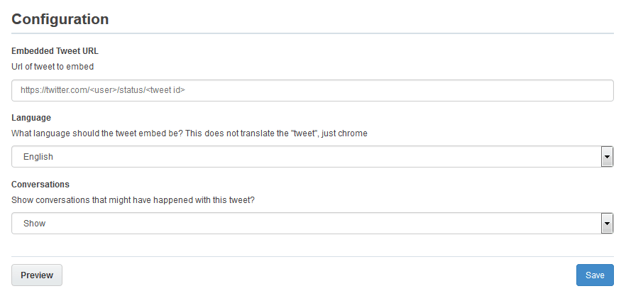 An image of the Embedded Tweet Configuration screen.