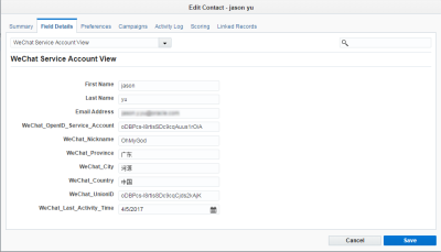An image of an example contact record in the Field Details tab.