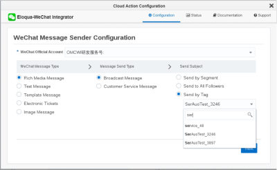 An image of the WeChat Message Sender Configuration window with Send by Tag selected and displaying WeChat tags.