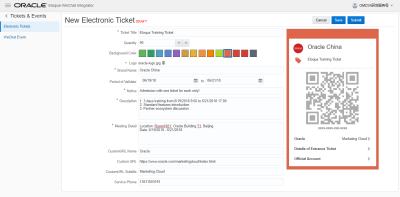 An image of a new electronic ticket with populated attributes that are displayed in the ticket preview on the right