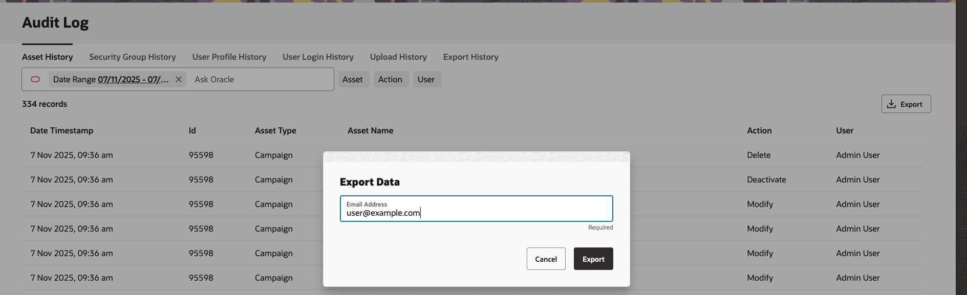 An image showing a sample Redwood audit log export