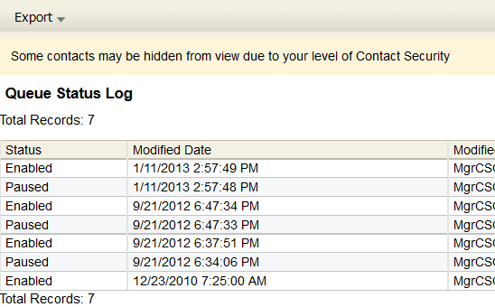An image of the Internal Queue Status Log.