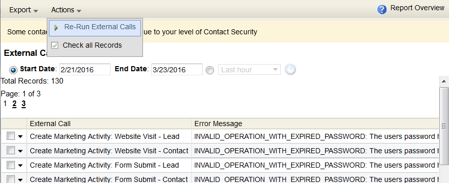 An image of the Actions drop-down menu with Re-Run External Calls highlighted.