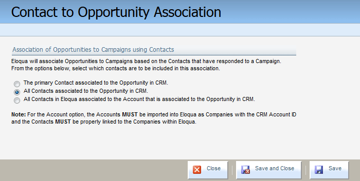 An image of the Contact to Opportunity Association window.