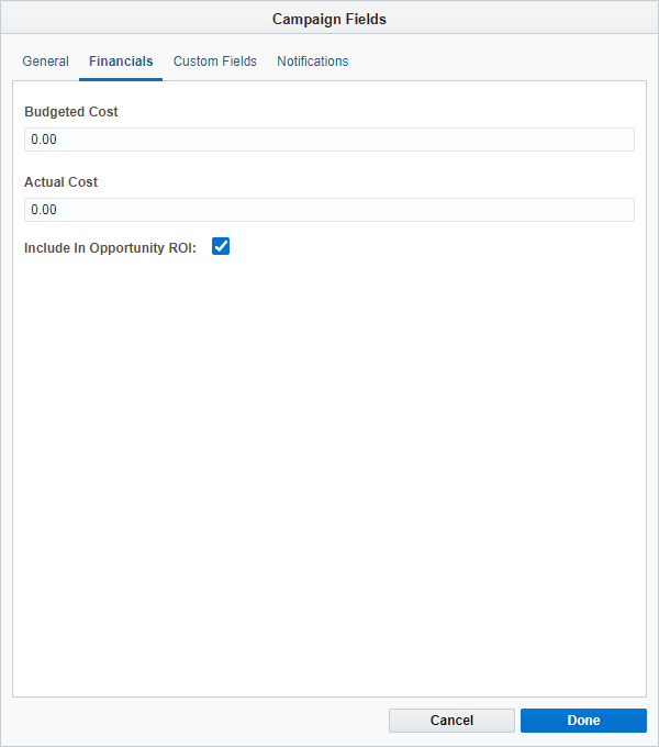An image showing the campaign financials settings