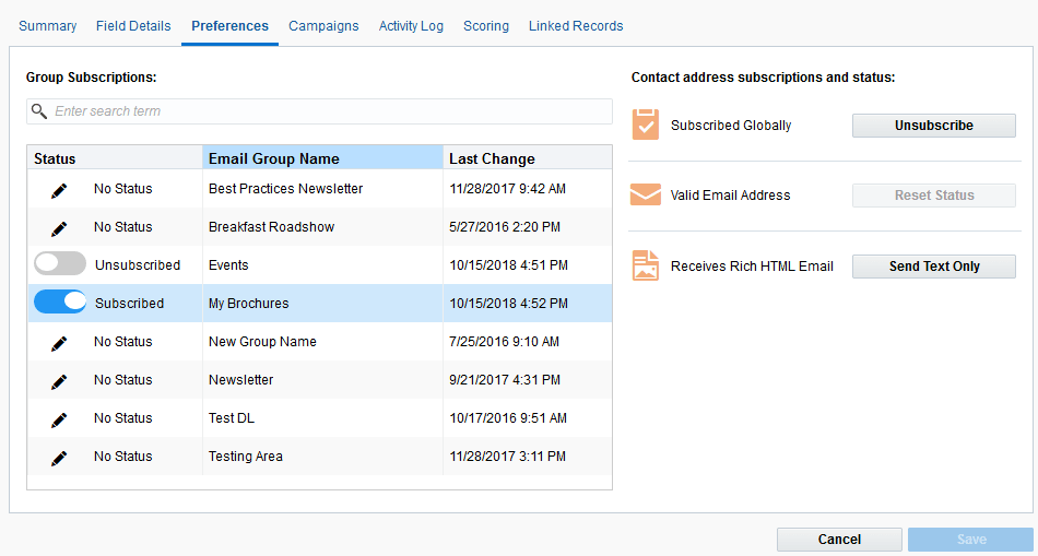 An image of the Preferences tab of a contact record.