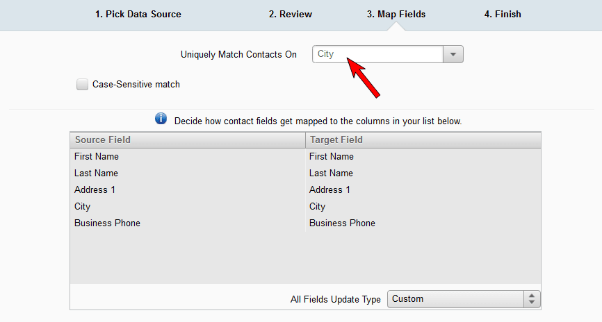 An image of the Uniquely Match Contacts On drop-down list set as City.