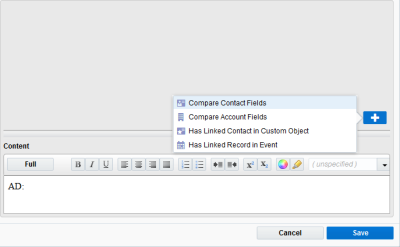 An image of the lower-right corner of the dynamic content editor. The Add Rule Critera button is selected, and the Compare Contacts Fields criteria is highlighted in a pop-up menu.