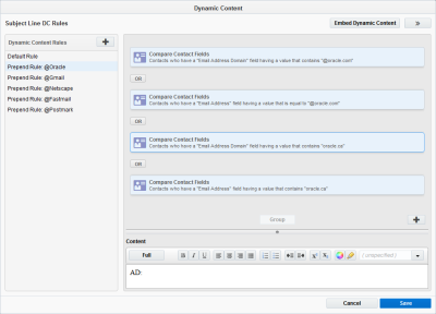 Image of the dynamic content editor. Multiple rules have been added to this asset, and they are listed on the left pane. A single rule is highlighted, and the various rule criteria for that rule is displayed on the right pane.