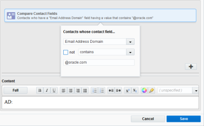 Image of the compare contact fields rule criteria that has been added to a rule. A pop-up configuration menu is open, showing the selected contacted field and the desired field information.