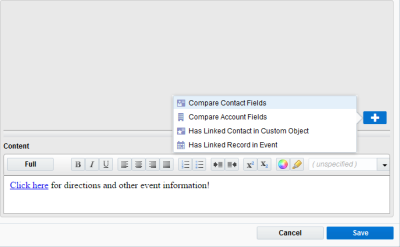 Image zoomed in on the lower-right corner of the dynamic content editor. The Add Rule Critera button is selected, and the Compare Contacts Fields criteria is highlighted in a pop-up menu.