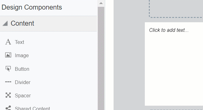 An animation showing dragging and dropping content and layouts onto the email canvas