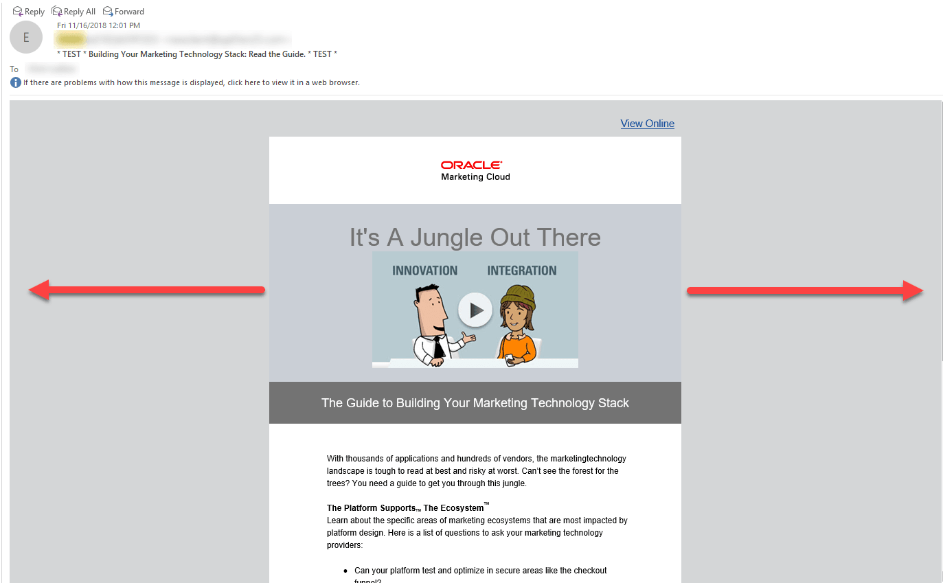 Screenshot of an email showing canvas alignment. Center by default, clicking the left or right alignment buttons causes the entire canvas and its content to move to the side of the email client pane that you choose. Screenshot of an email showing canvas alignment. Center by default, clicking the left or right alignment buttons causes the entire canvas and its content to move to the side of the email client pane that you choose.