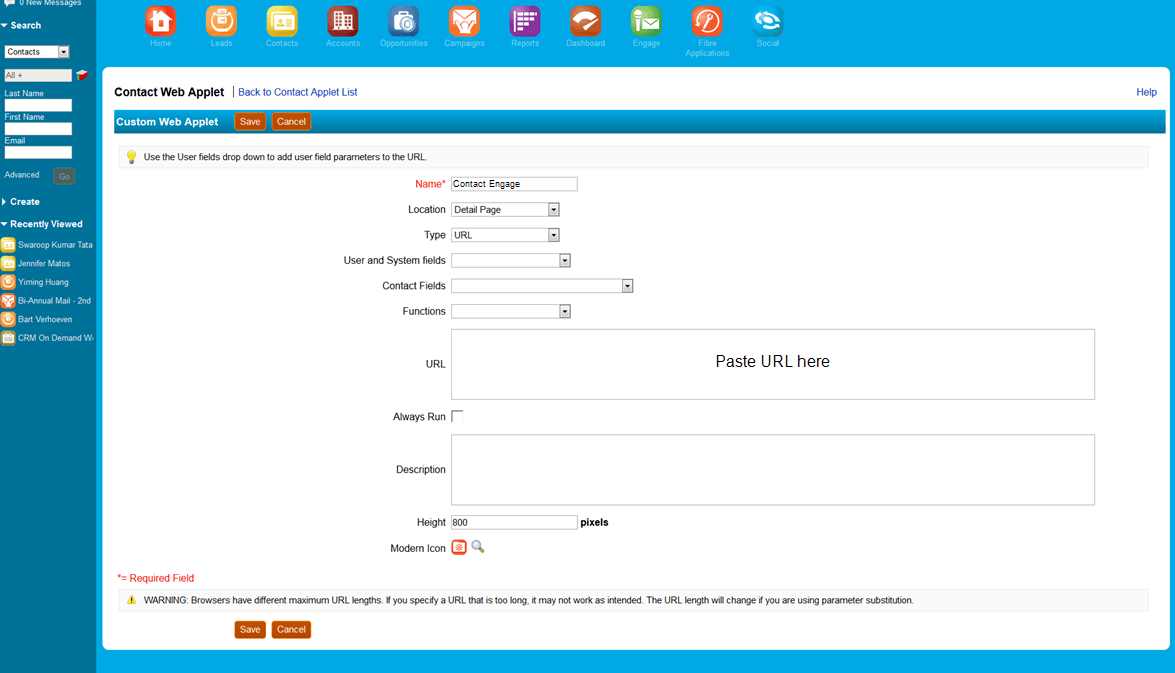 An image of the Contact Web Applet window.