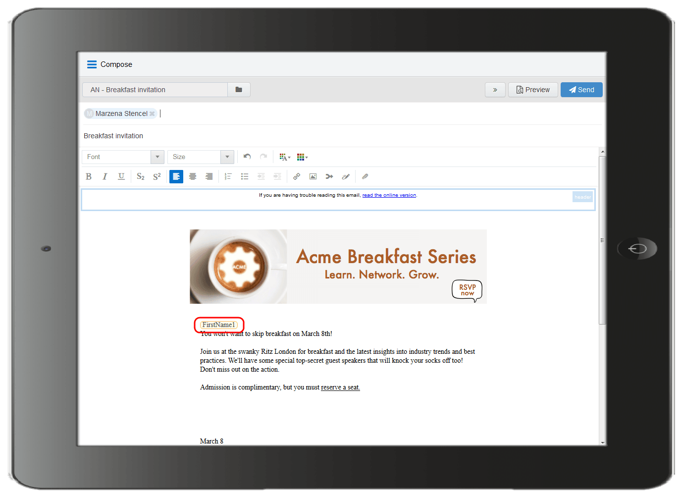 An image of a field merge in an email.