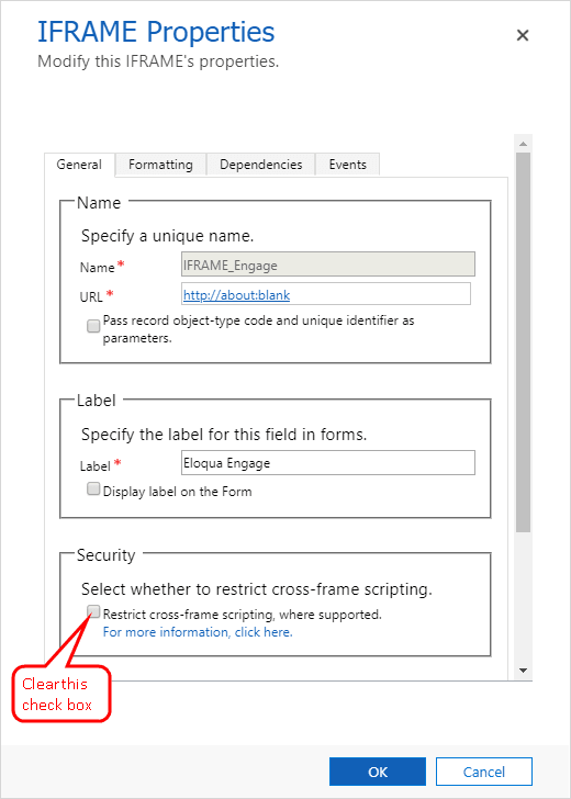 An image of the IFRAME Properties window with the values that you need to add and a cross frame scripting option you should clear