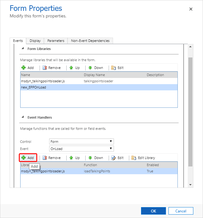 An image of the Form Properties window highlighting the Add event handler option