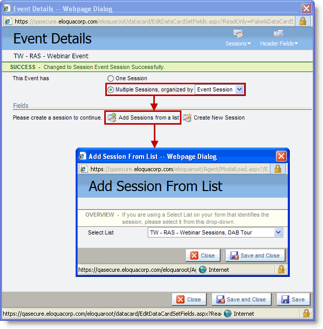 An image of the Event Details page. Multiple Sessions and Add Sessions from a List are both highlighted by a red box. The Add Session From List dialog box is open.