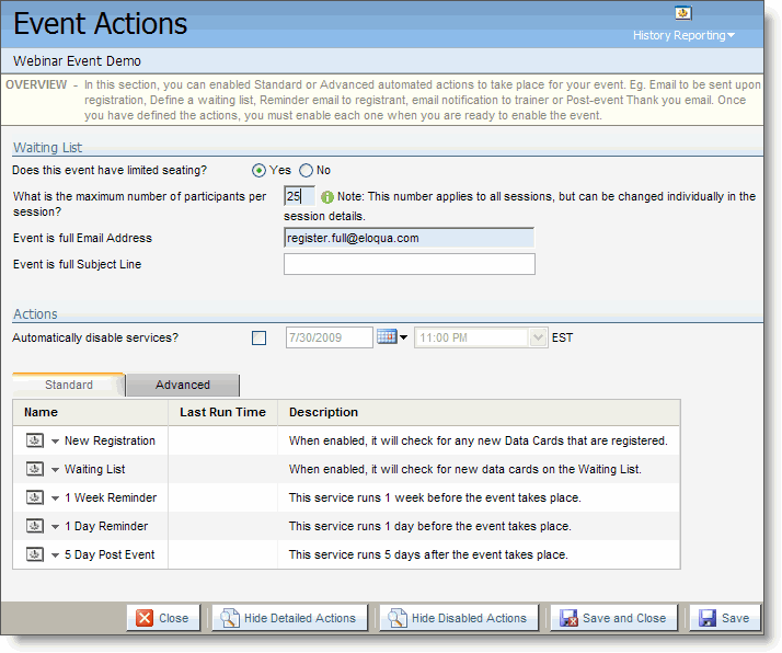 An image of the Event Actions page for a Webinar Event.