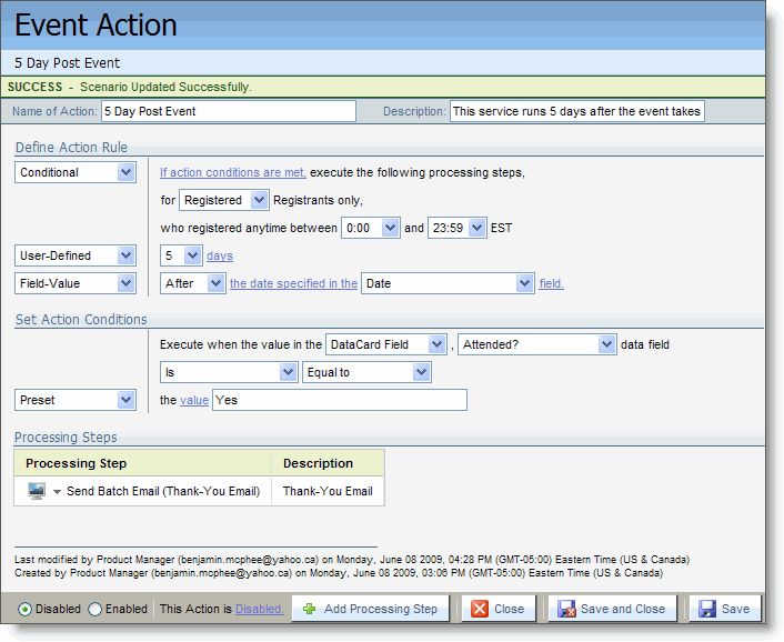 An image of the Event Action page for a 5 Day Pose Event email.