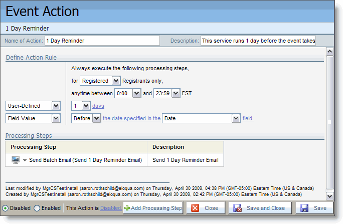 An image of the Event Action page for a 1 Day Reminder email.