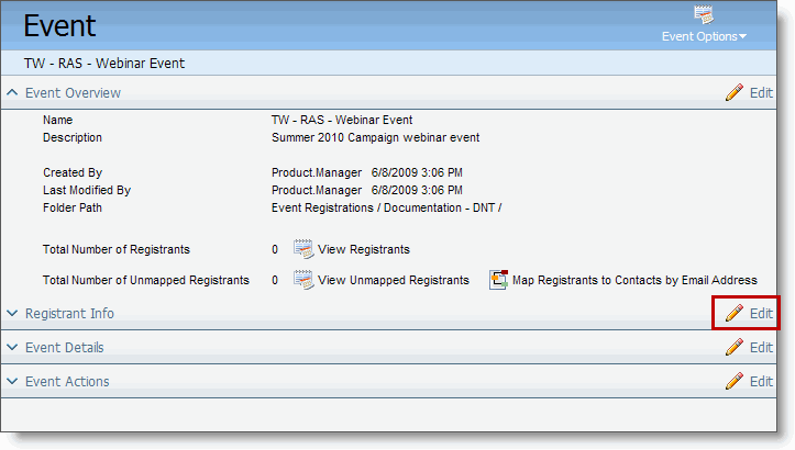 An image of the Event Summary page with the Edit button highlighted.