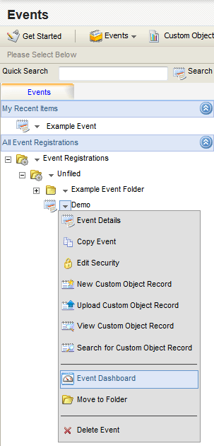 An image of a drop-down menu with Event Dashboard highlighted.