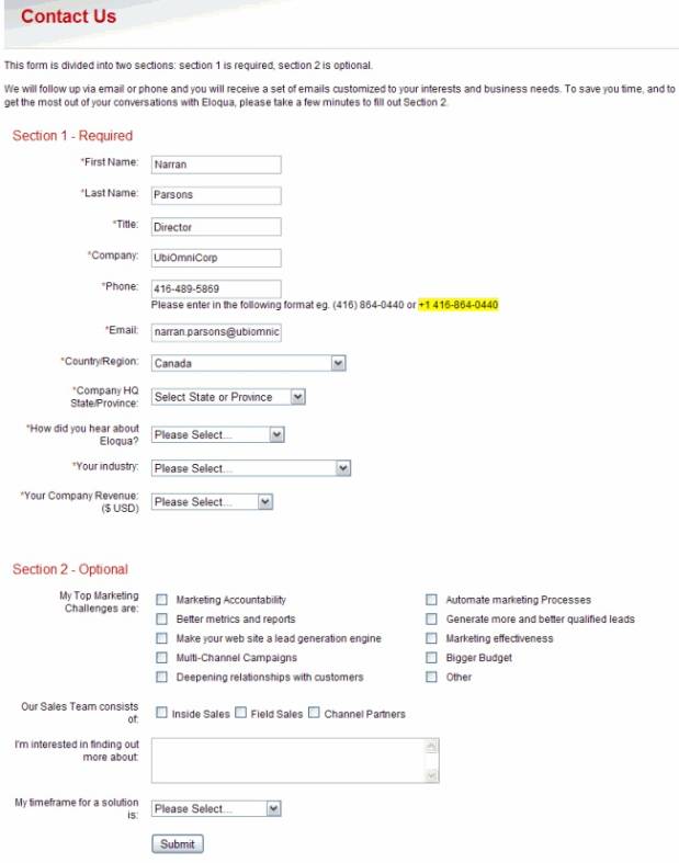 An image of Eloqua's contact us form.