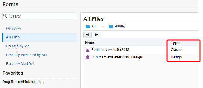 An image of the Type column on the Forms page