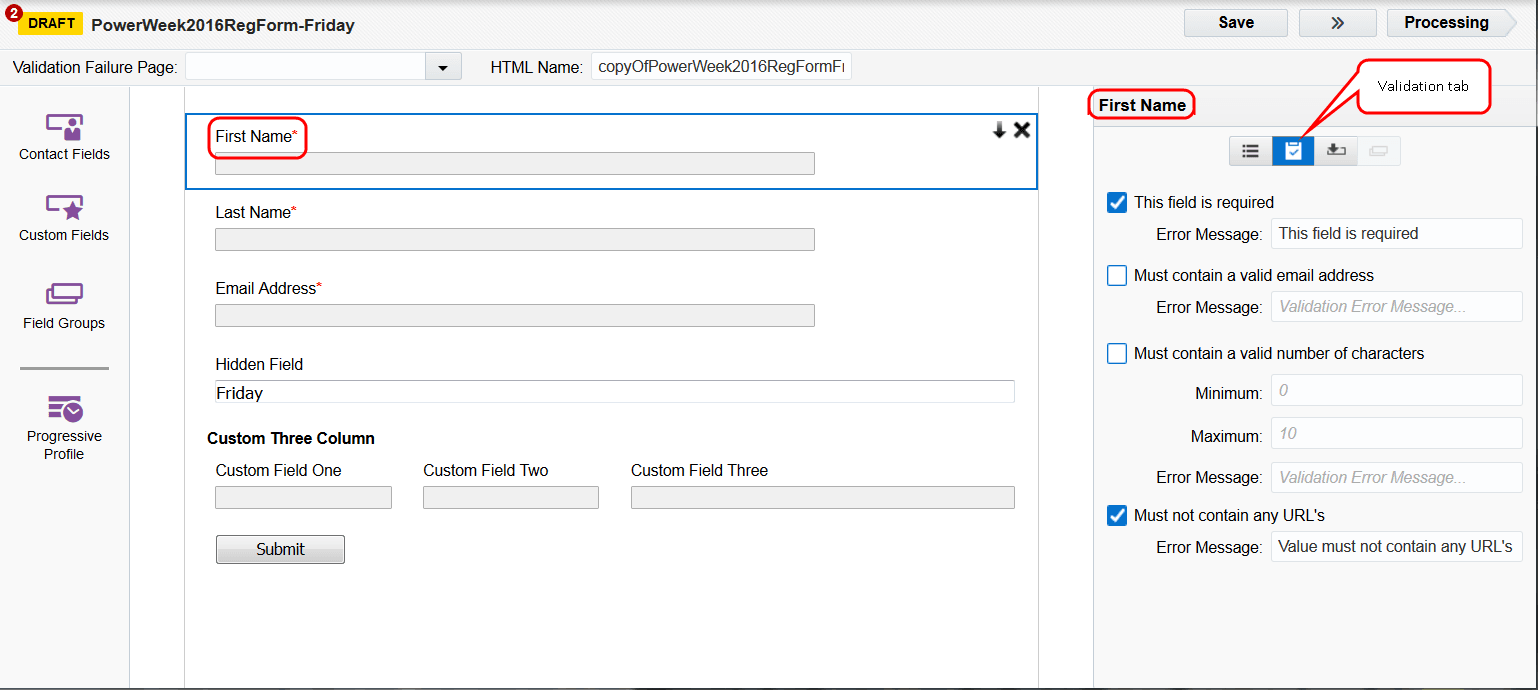 An image of the form editor with the Validation tab highlighted.