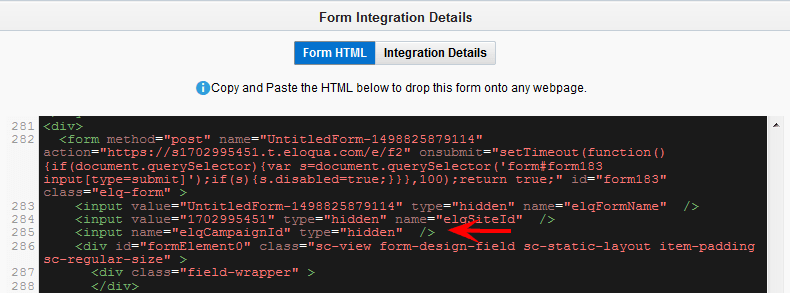 A picture of the form HTML with an arrow pointed at the hidden fields.