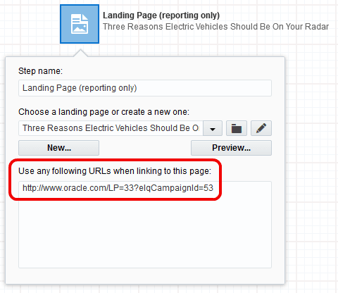 An image of the Landing Page element with the URL highlighted by a red box.