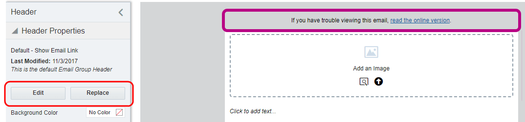 An image highlighting the buttons used to update or replace a header