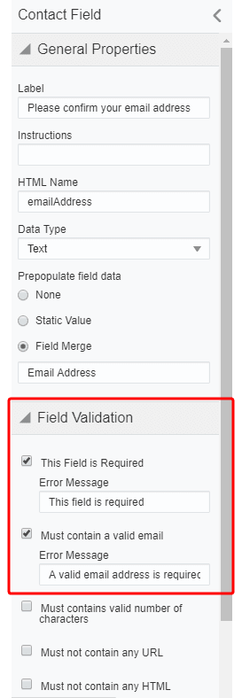 An image showing the email validation settings