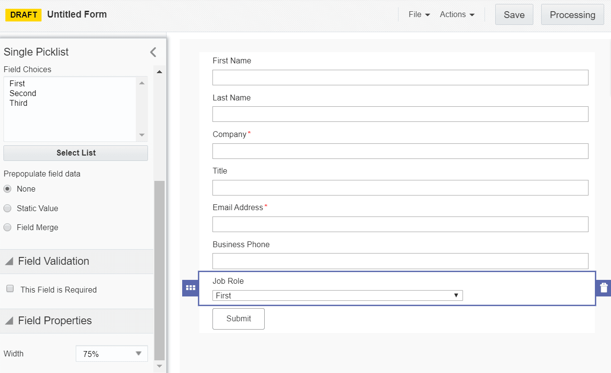 An image of the Job Role picklist