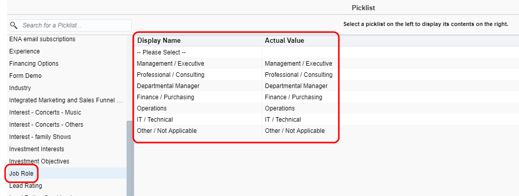 An image of the Picklist window where you can choose a list.