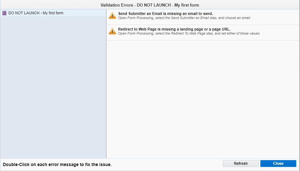 An image showing the form validation errors