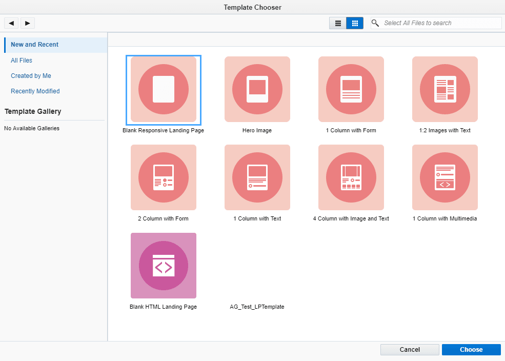 An image of the landing pages Template Chooser.