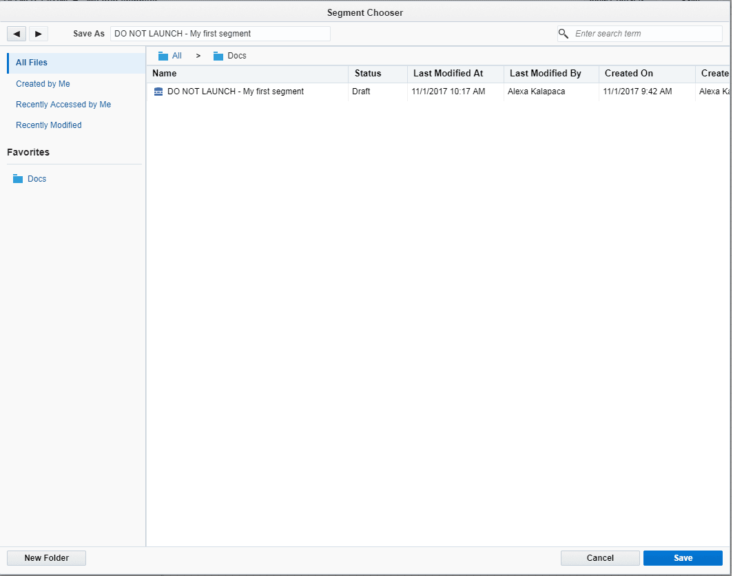 An image of the Segment Chooser window with the Save As field highlighted.