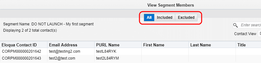An image showing the View Segment Members dialog with the All, Included, and Excluded buttons higlighted
