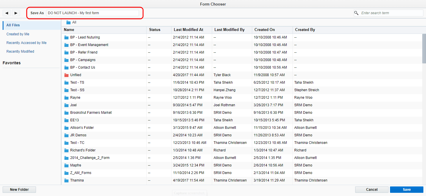 An image of the Form Chooser window with the Save As field highlighted.