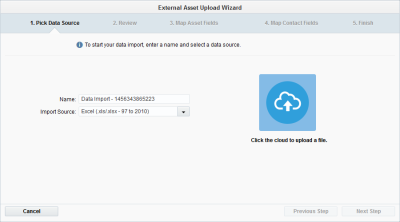 An image of the External Asset Upload Wizard, Pick Data Source tab. 